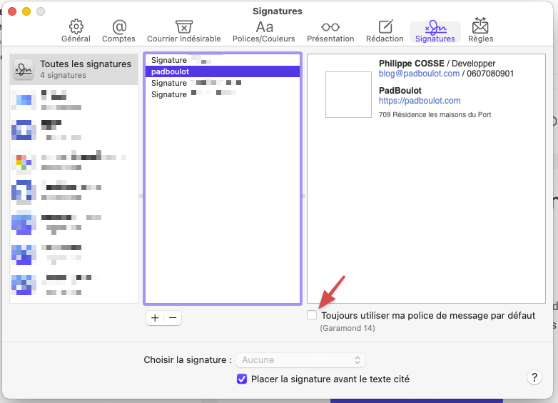 Onglet Signatures dans Apple Mail pour Mac